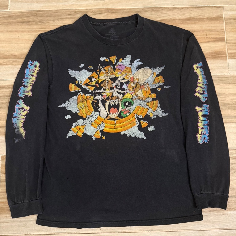Looney Tunes Graphic Long Sleeve Shirt Black Mens Medium Bugs Bunny Taz Marvin